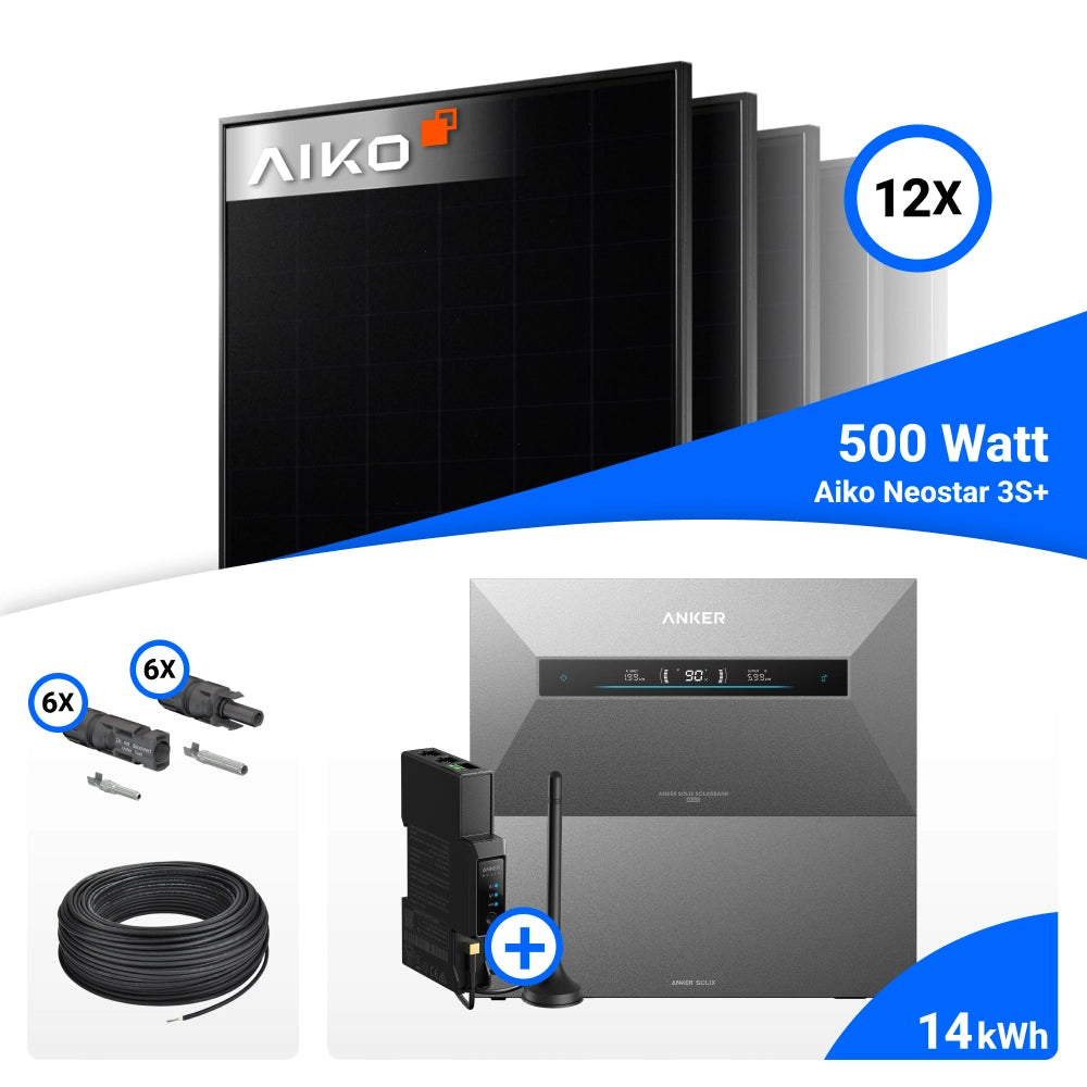 Geliefertes Produktzubehör für 6000W Solarkraftwerk mit Speicher - 12x AIKO 500W Full Black bifazial & Anker Solix Max AE111