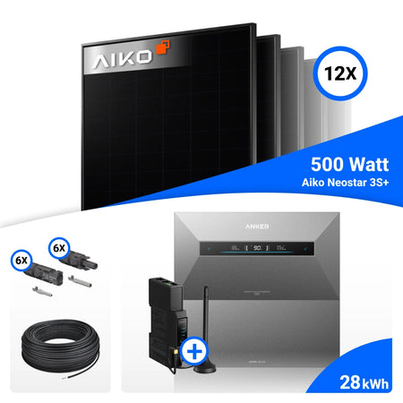 Lieferumfang für 6000W Solarkraftwerk mit Speicher - 12x AIKO 500W Full Black bifazial & Anker Solix Max AE111