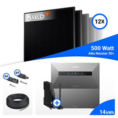 Übersicht der Set-Bestandteile für 6000W Solarkraftwerk mit Speicher - 12x AIKO 500W Full Black bifazial & Anker Solix Max AE111