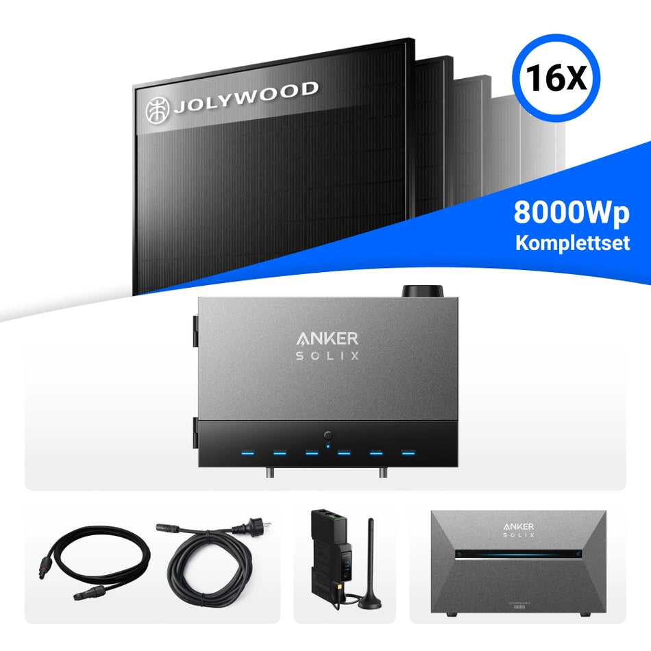8000W Anker Solix Power Dock PV-Komplettset – 16x Jolywood 500W Bifazial Glas-Glas Full Black & Anker Solix Solarbank 3 Pro