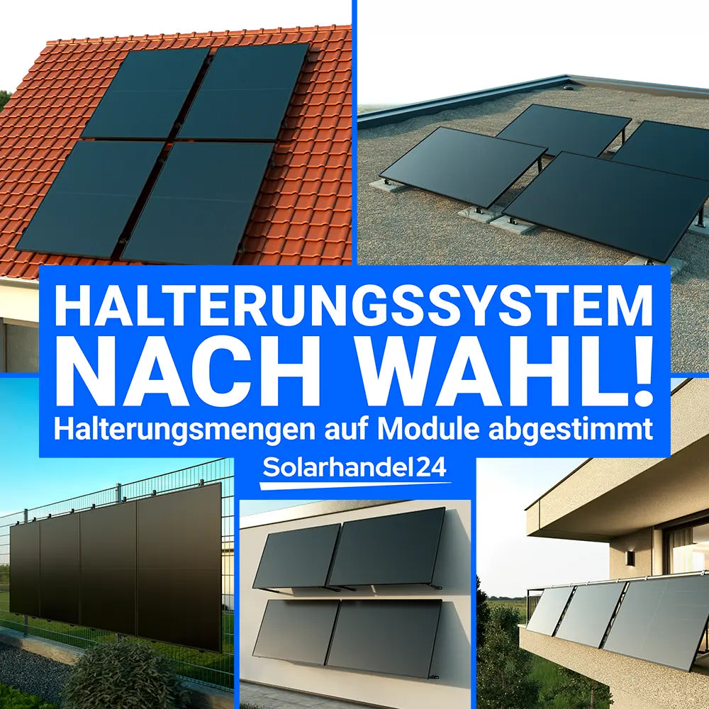 Verschiedene Halterungssysteme für Balkonkraftwerke zur Montage an Schrägdach, Flachdach, Zaun, Wand und Balkon.