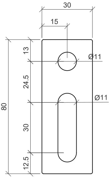 Technische Zeichnung eines rechteckigen Adapterblechs aus Edelstahl zur Verwendung mit M10-Stockschrauben. Die Platte misst 80 × 30 mm und enthält zwei Bohrungen mit Ø11 mm: eine runde Bohrung mittig 15 mm von der Oberkante entfernt sowie eine Langlochbohrung (ebenfalls Ø11) mittig positioniert mit einer Länge von 30 mm. Die vertikale Positionierung der Bohrungen ist durch Maße wie 13 mm, 24,5 mm und 12,5 mm definiert. 