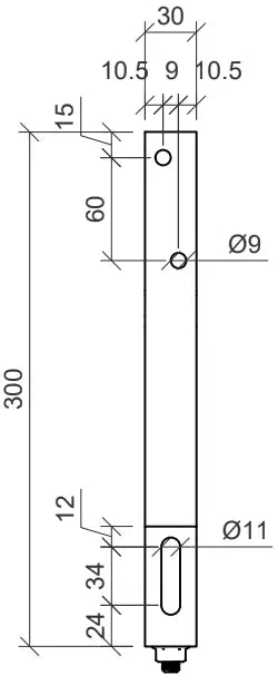 Technische Zeichnung eines verstellbaren Dachhakens für Biberschwanzziegel mit einer Gesamtlänge von 300 mm. Oben befinden sich zwei Bohrungen mit Ø9 mm im Abstand von 10,5 mm zur Kante und zueinander. Im unteren Bereich ist ein Langloch mit Ø11 mm eingearbeitet, das zur Höhenverstellung dient. Die Position des Langlochs ist 12 mm vom unteren Abschluss und 34 mm lang.