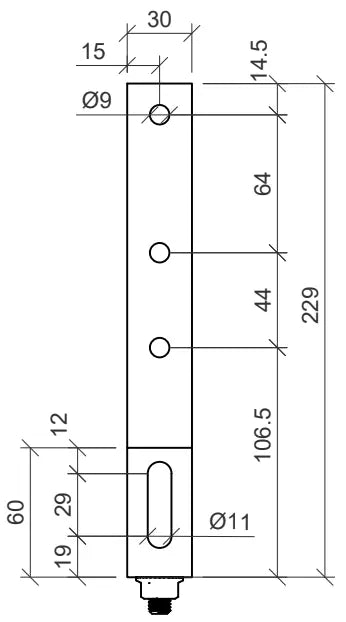 Technische Zeichnung eines verstellbaren Dachhakens für Schieferdächer. Die Abbildung zeigt eine Seitenansicht des Hakens mit detaillierten Bemaßungen: Gesamtlänge 229 mm, mehrere Bohrungen mit Durchmessern von 9 mm und 11 mm, sowie verschiedene Abstandsbemaßungen zwischen den Bohrungen (z. B. 64 mm, 44 mm, 106,5 mm). Am unteren Ende ist eine längliche Langlochbohrung (Ø11) zu sehen, die vermutlich der Feinjustierung dient. Die Zeichnung dient der Fertigung oder technischen Prüfung des Bauteils.