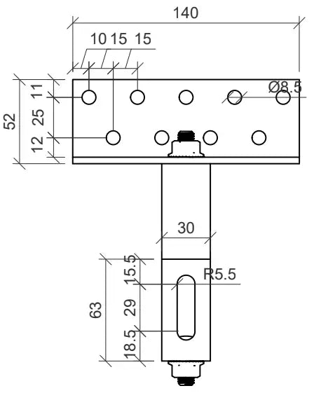Technische Zeichnung eines Standard-Dachhakens für 32 mm Lattung, 3-fach verstellbar. Die obere Befestigungsplatte ist 140 mm breit und 52 mm hoch, mit mehreren Ø8,5 mm Bohrungen in unterschiedlichen Anordnungen für flexible Befestigung. Der vertikale Schenkel ist höhenverstellbar und 30 mm breit, mit einer Langlochbohrung (R5,5 mm Radius) zur Feineinstellung. Gesamthöhe des verstellbaren Arms: 63 mm. Die Konstruktion erlaubt eine flexible Montage auf verschiedenen Dachunterkonstruktionen.