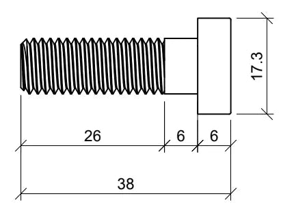Technische Zeichnung einer Hammerkopfschraube M10 × 32,5 für Unterkonstruktionen. Die Schraube hat eine Gesamtlänge von 38 mm, davon 26 mm Gewindelänge. Der Schraubenkopf ist rechteckig mit einer Breite von 17,3 mm und einer Dicke von 6 mm. Die flache Form des Kopfes mit seitlicher Nut erlaubt das Einschieben und Fixieren in Montageschienenprofilen. Die Zeichnung zeigt eine Seitenansicht mit detaillierten Maßangaben für präzise Installation in Solarsystemen oder ähnlichen Konstruktionen.