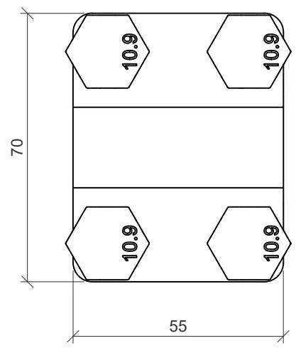 Technische Zeichnung eines Kreuzstoßes für Erder mit vier Schraubenaufnahmen. Die quadratische Grundplatte misst 70 × 55 mm. In den abgerundeten Ecken sind vier Sechskantschrauben (mit Kennzeichnung „10.9“) dargestellt, die diagonal zueinander angeordnet sind. Die Darstellung dient der Veranschaulichung des Verbindungsstücks zur sicheren mechanischen Verbindung von Erdungsleitern.