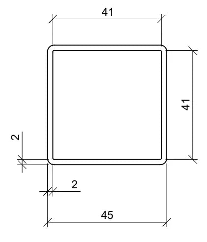 Technische Zeichnung einer LDPE-Endkappe für Montageschienen im quadratischen Querschnitt. Außenmaße: 45 × 45 mm, mit einer Wandstärke von 2 mm. Die Kappe ist innen 41 × 41 mm groß und für Schienen mit entsprechendem Querschnitt ausgelegt. Die Zeichnung zeigt eine einfache, rundkantige Form zur formschlüssigen Abdeckung von offenen Profilenden in Montagesystemen. Geeignet zur Schutz- und Abschlussfunktion.