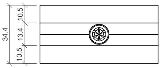 Technische Zeichnung einer Mittelklemme für Unterkonstruktionen, vermutlich aus Aluminiumdruckguss oder eloxiertem Material. Die rechteckige Grundform misst 34,4 mm in der Höhe. In der Mitte befindet sich eine zentrale Schraubaufnahme mit sternförmigem Innenprofil (Torx- oder Innensechsrund), eingebettet in eine mittige Vertiefung. Die Höhenverteilung beträgt 10,5 mm oben und unten sowie 13,4 mm im mittleren Bereich. Die Klemme dient zur Fixierung von Solarmodulen zwischen Montageschienen.