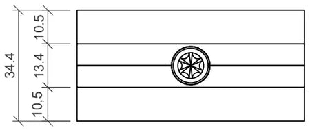 Technische Zeichnung einer Mittelklemme für Unterkonstruktionen, vermutlich aus Aluminiumdruckguss oder eloxiertem Material. Die rechteckige Grundform misst 34,4 mm in der Höhe. In der Mitte befindet sich eine zentrale Schraubaufnahme mit sternförmigem Innenprofil (Torx- oder Innensechsrund), eingebettet in eine mittige Vertiefung. Die Höhenverteilung beträgt 10,5 mm oben und unten sowie 13,4 mm im mittleren Bereich. Die Klemme dient zur Fixierung von Solarmodulen zwischen Montageschienen.