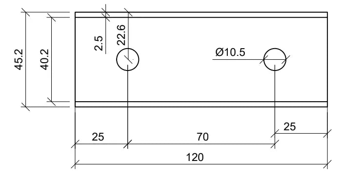 Technische Zeichnung eines Schienenverbinders für U-Profile mit rechteckiger Form. Die Außenmaße betragen 120 × 45,2 mm, wobei die Materialstärke 2,5 mm beträgt. Der Verbinder verfügt über zwei Bohrungen mit Ø10,5 mm im Abstand von 70 mm zueinander, jeweils 25 mm vom Rand entfernt. Die vertikale Position der Bohrungen liegt bei 22,6 mm von der Oberkante. Die Zeichnung dient zur mechanischen Verbindung zweier Montageschienen im Bereich von Photovoltaik- oder Fassadensystemen.