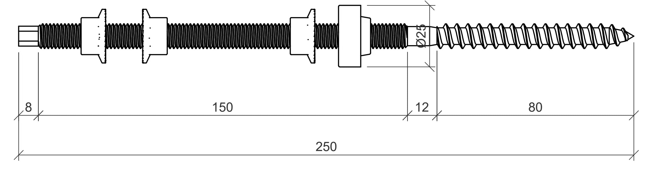 Technische Zeichnung einer 250 mm langen Stockschraube mit Dichtung, Gewinde M10. Die Schraube besteht aus zwei Gewindebereichen: einem Holzgewinde mit 80 mm Länge und einem metrischen Gewindeabschnitt von 150 mm. Der Schraubenschaft hat einen Durchmesser von Ø25 mm im Bereich der Dichtung. Zusätzlich sind mehrere Dicht- und Kontermuttern abgebildet.