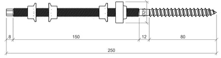 Technische Zeichnung einer 250 mm langen Stockschraube mit Dichtung, Gewinde M10. Die Schraube besteht aus zwei Gewindebereichen: einem Holzgewinde mit 80 mm Länge und einem metrischen Gewindeabschnitt von 150 mm. Der Schraubenschaft hat einen Durchmesser von Ø25 mm im Bereich der Dichtung. Zusätzlich sind mehrere Dicht- und Kontermuttern abgebildet.