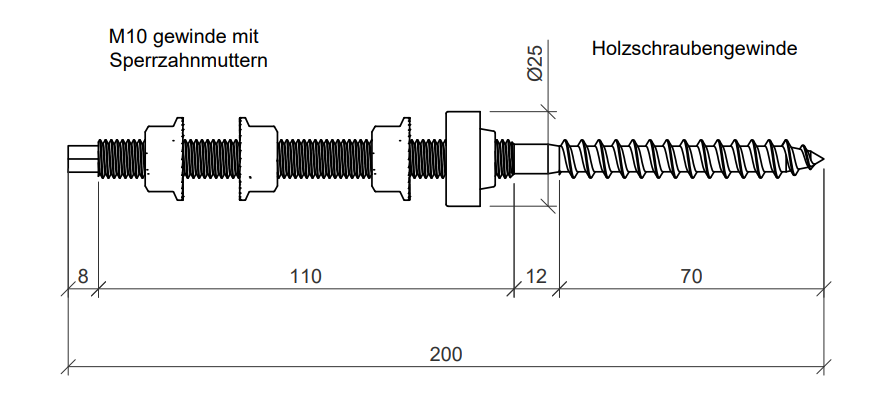 Technische Zeichnung einer Stockschraube mit Dichtung M10, 200 mm Länge. Links M10-Gewinde mit Sperrzahnmuttern, rechts Holzschraubengewinde Ø25 mm, Gesamtlänge 200 mm, mit Maßangaben.