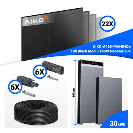 Photovoltaik Komplettpaket 10 kWp: 22x AIKO 465W Full Black Solarpanels + Anker SOLIX X1-H10K-T – erweiterbar mit Speicher