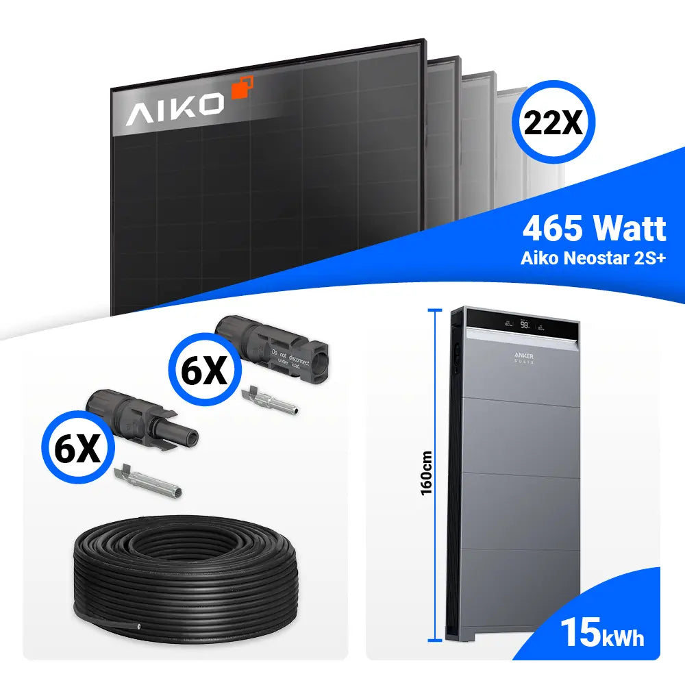 PV Komplettset 10 kWp mit 22 AIKO 465W Full Black Modulen und Anker SOLIX X1-H10K-T, Speicher optional