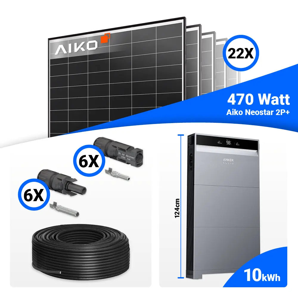 PV Komplettset 10 kWp mit 22x AIKO 470W Black Frame Modulen & Anker SOLIX X1-H10K-T Hybridwechselrichter – Speicher optional