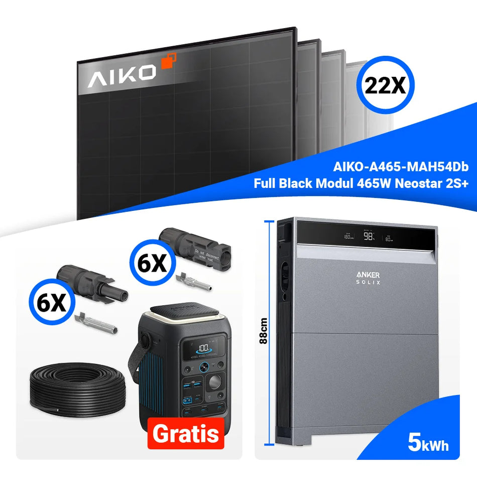 PV Komplettset 10 kWp – 22x AIKO 465W Full Black & Anker SOLIX X1-H10K-T mit Speicheroption
