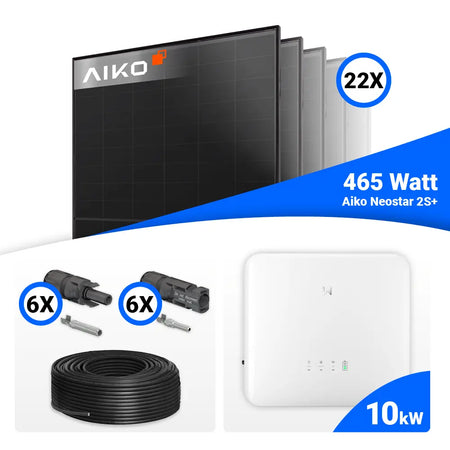 PV-Komplettset 10 kWp mit 22 × AIKO Neostar 2S+ 465W Full Black Solarmodulen und GoodWe GW10K-ET-20 Hybridwechselrichter. Hochleistungs-Photovoltaikanlage mit Komplettzubehör für Eigenheime – Premiumqualität von SH24.