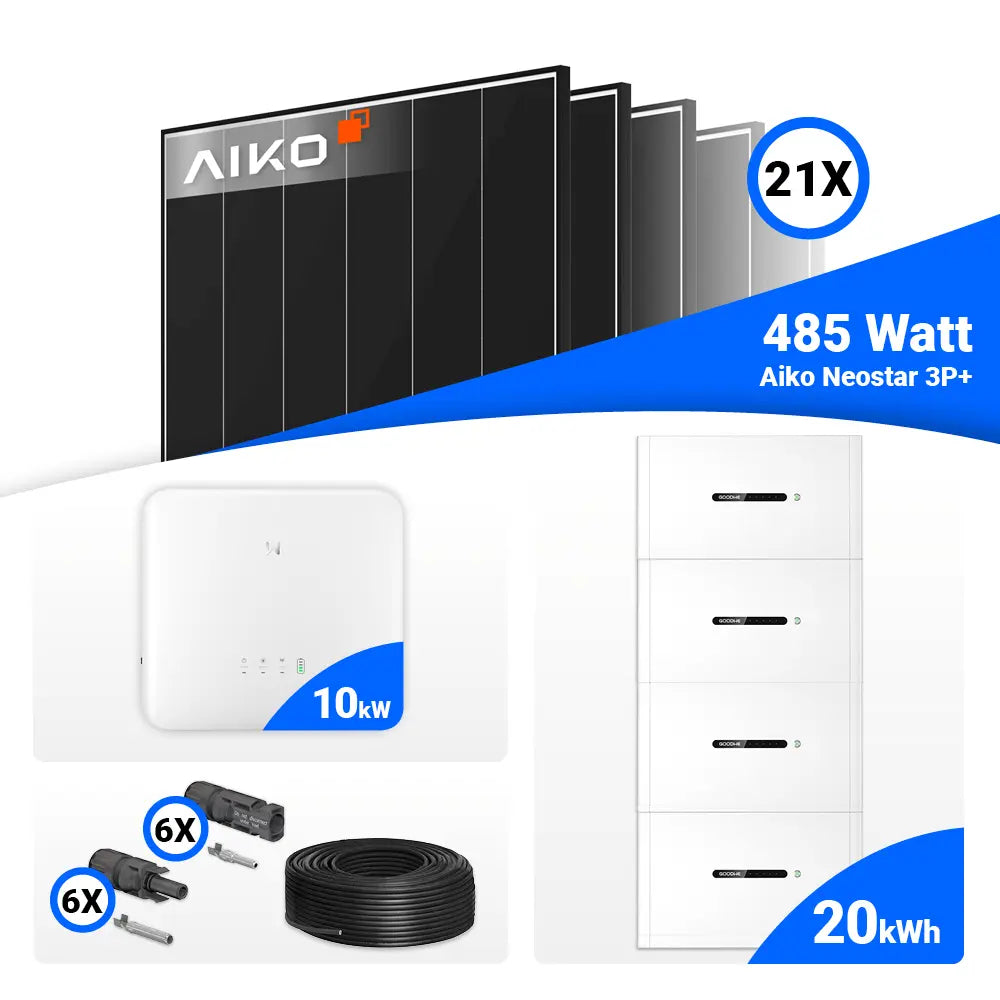Photovoltaik Komplettsystem 10 kWp mit 21x AIKO 485W Black Frame und GoodWe GW10K-ET-20 mit Speicheranschluss.