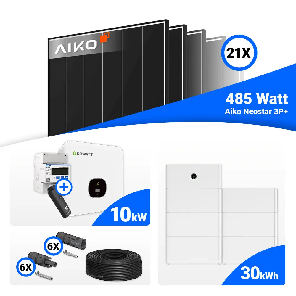 PV Komplettanlage 10 kWp mit AIKO 485W Hochleistungsmodulen und Growatt MOD 10KTL3-XH BP Hybrid-Wechselrichter.