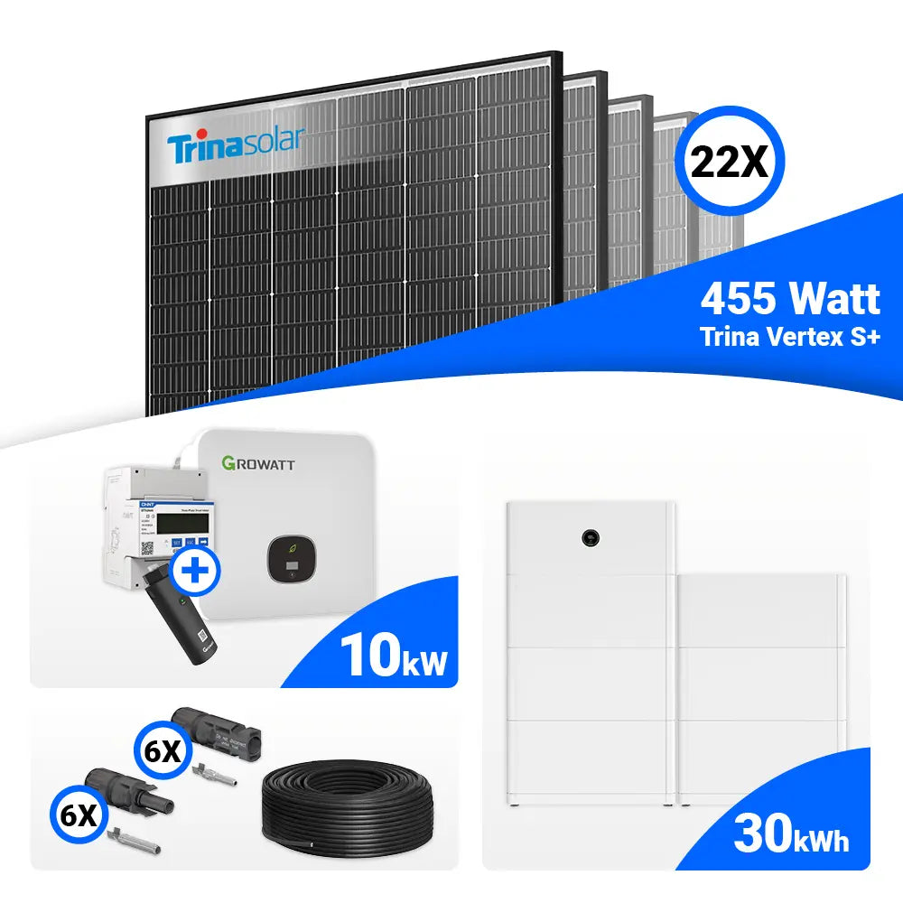 10 kWp Photovoltaik-Set mit 22 Trina 455W Modulen (Black Frame) und Growatt MOD 10KTL3-XH BP 10kW Wechselrichter, Speicheroption.