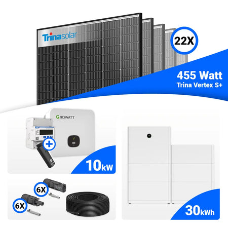 10 kWp Photovoltaik-Set mit 22 Trina 455W Modulen (Black Frame) und Growatt MOD 10KTL3-XH BP 10kW Wechselrichter, Speicheroption.