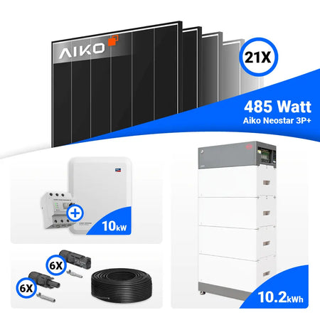 PV Anlage 10 kWp Komplettpaket mit AIKO 485W Black Frame Solarmodulen und SMA STP10.0-3SE-40 speicherfähig.