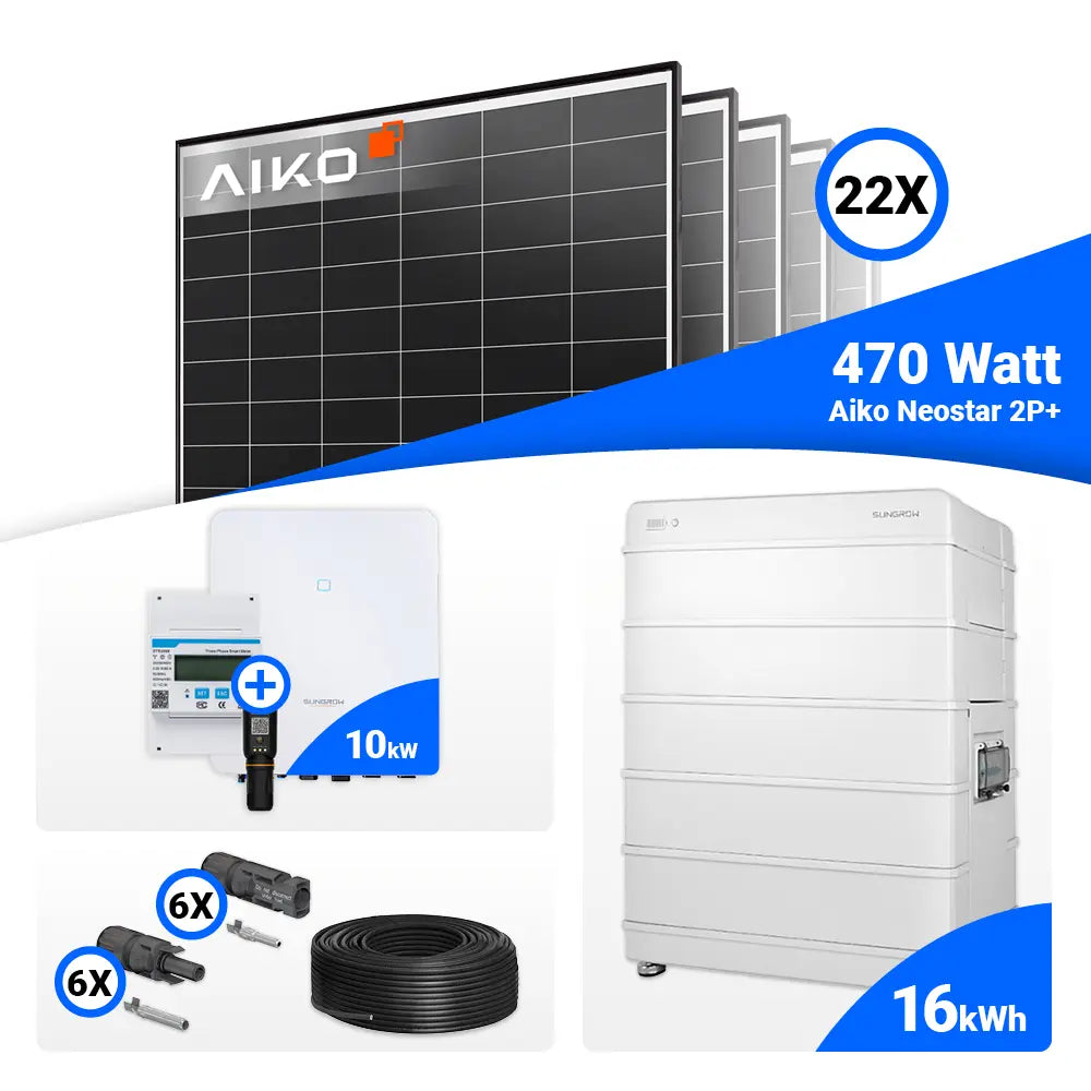 PV-Set 10 kWp mit 22 AIKO 470W Panels und Sungrow SH10.0RT-20 – effiziente Stromerzeugung mit Speicheroption.