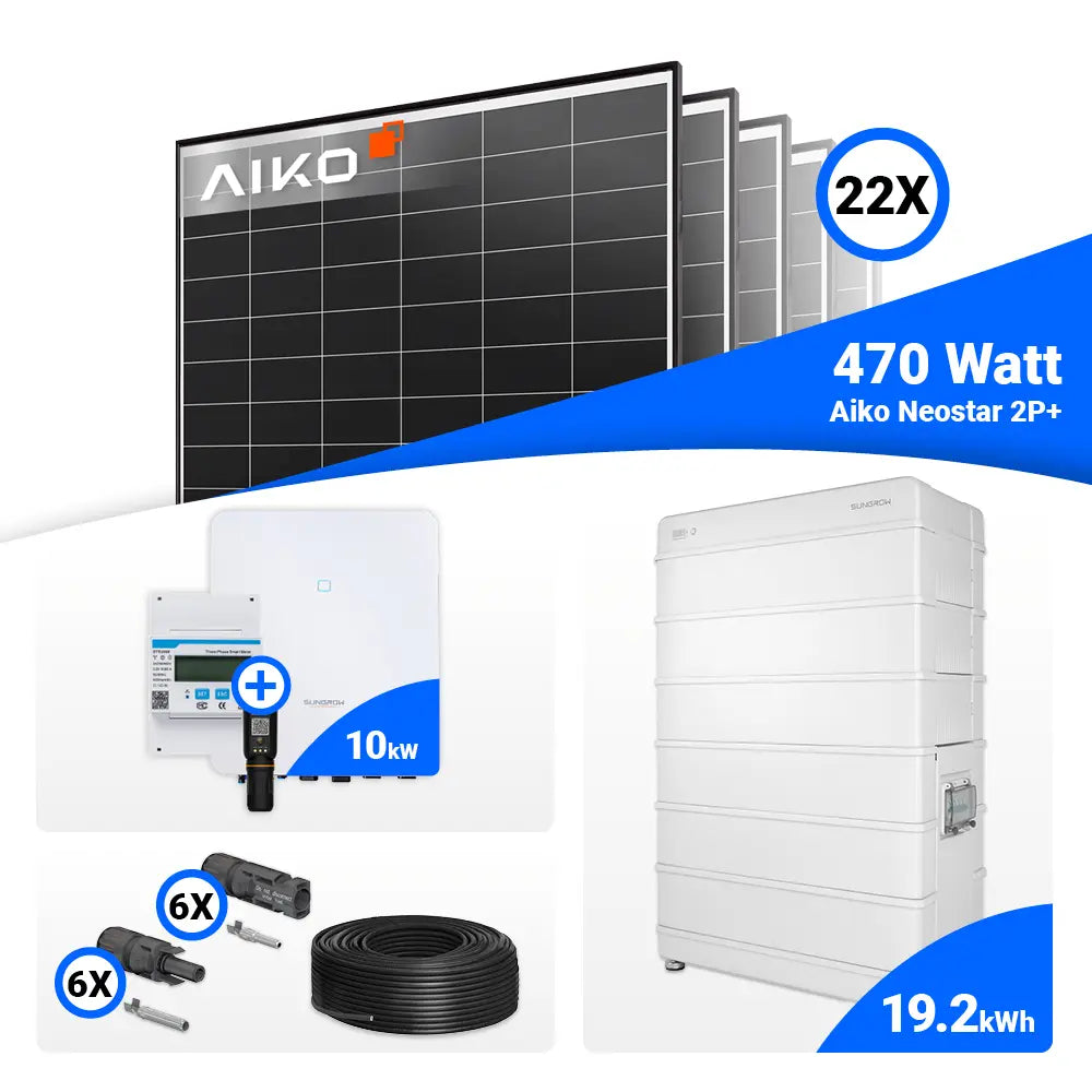 10-kWp-PV-Komplettset: 22 hochwertige AIKO 470W Module kombiniert mit Sungrow SH10.0RT-20, optional mit Batteriespeicher.