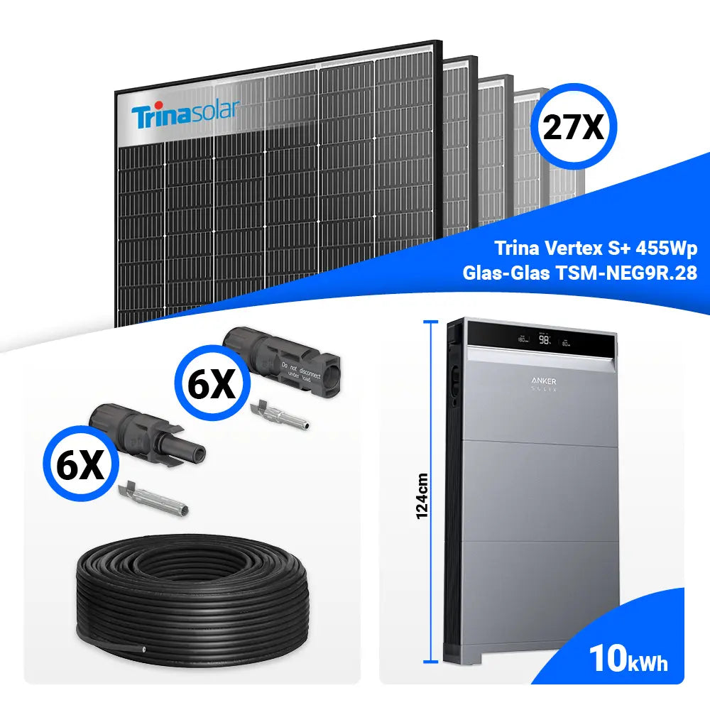 PV Komplettset 12 kWp mit 27x Trina 455W Black Frame Solarmodulen & Anker SOLIX X1-H12K-T Hybridwechselrichter – Speicher optional