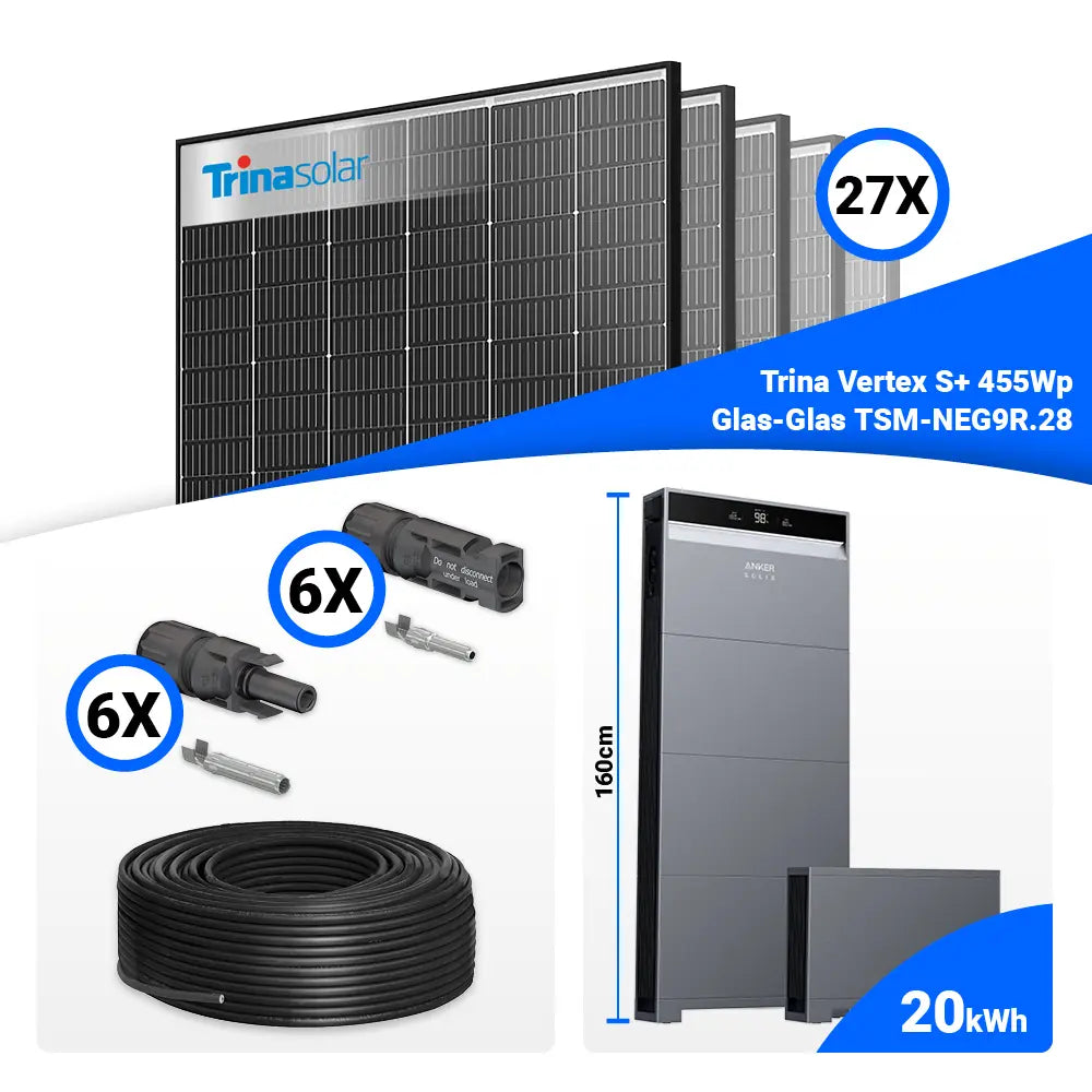 Solaranlage Komplettset 12 kWp für Eigenverbrauch: 27x Trina 455W Black Frame & Anker X1-H12K-T Hybrid-Inverter – Speicheroption