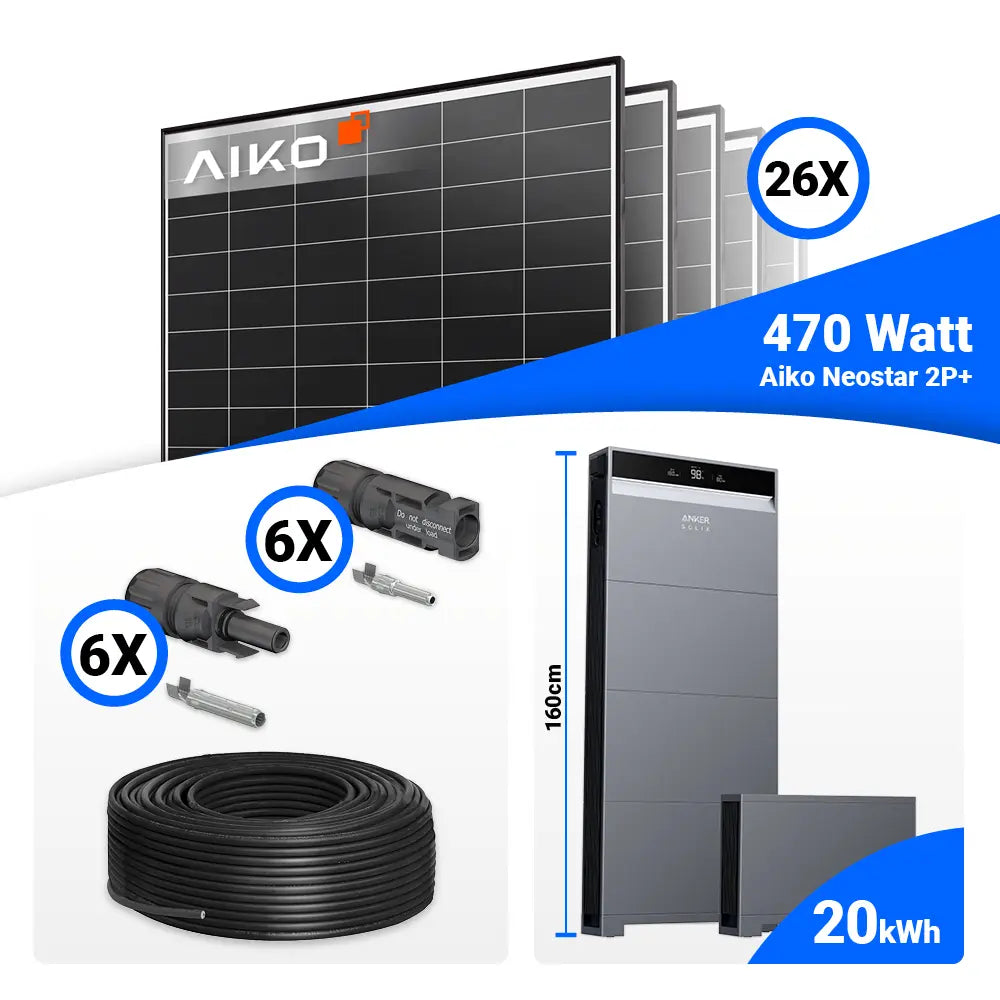 Solaranlage Komplettset 12 kWp für Eigenverbrauch: 26x AIKO 470W Black Frame Module & Anker SOLIX X1-H12K-T – Speicheroption
