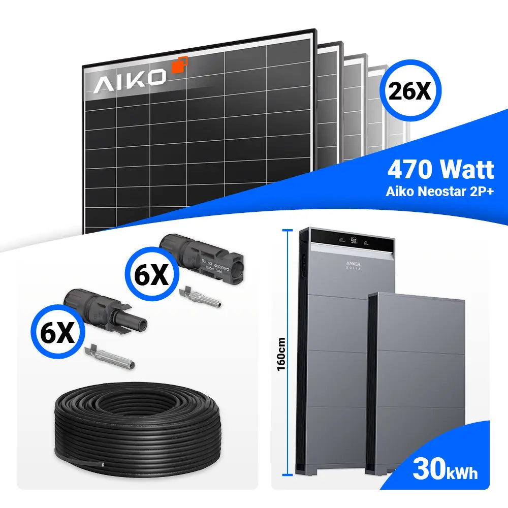Photovoltaik Komplettpaket 12 kWp: 26x AIKO 470W Black Frame Solarpanels + Anker SOLIX X1-H12K-T – erweiterbar mit Speicher