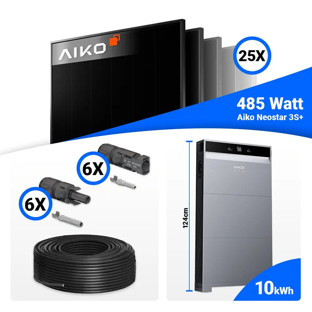 Photovoltaik Komplettset 12 kWp inkl. 25x AIKO 485W Full Black, Anker X1-H12K-T und 10 kWh Batteriespeicher