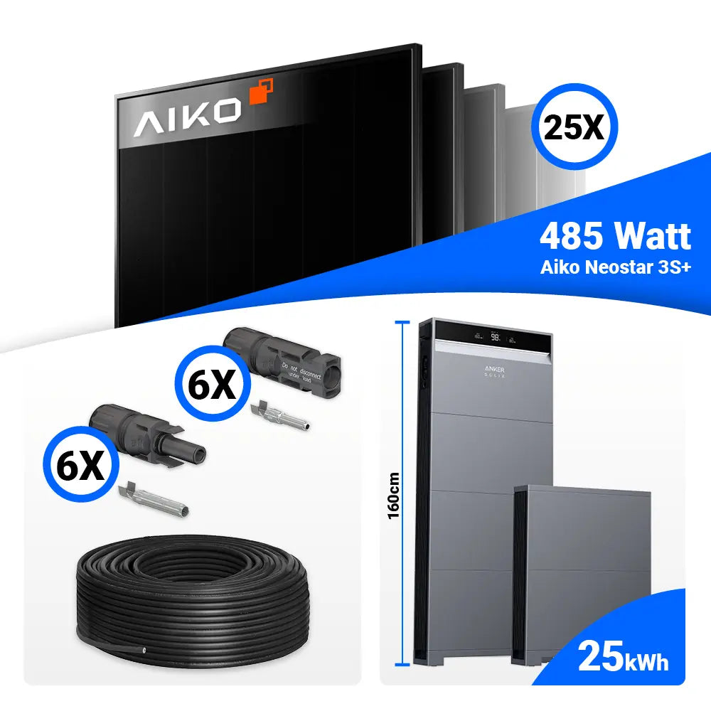 12 kWp PV-Anlage mit 25x AIKO 485W Full Black Panels und Anker X1-H12K-T System mit großem 25 kWh Speicher