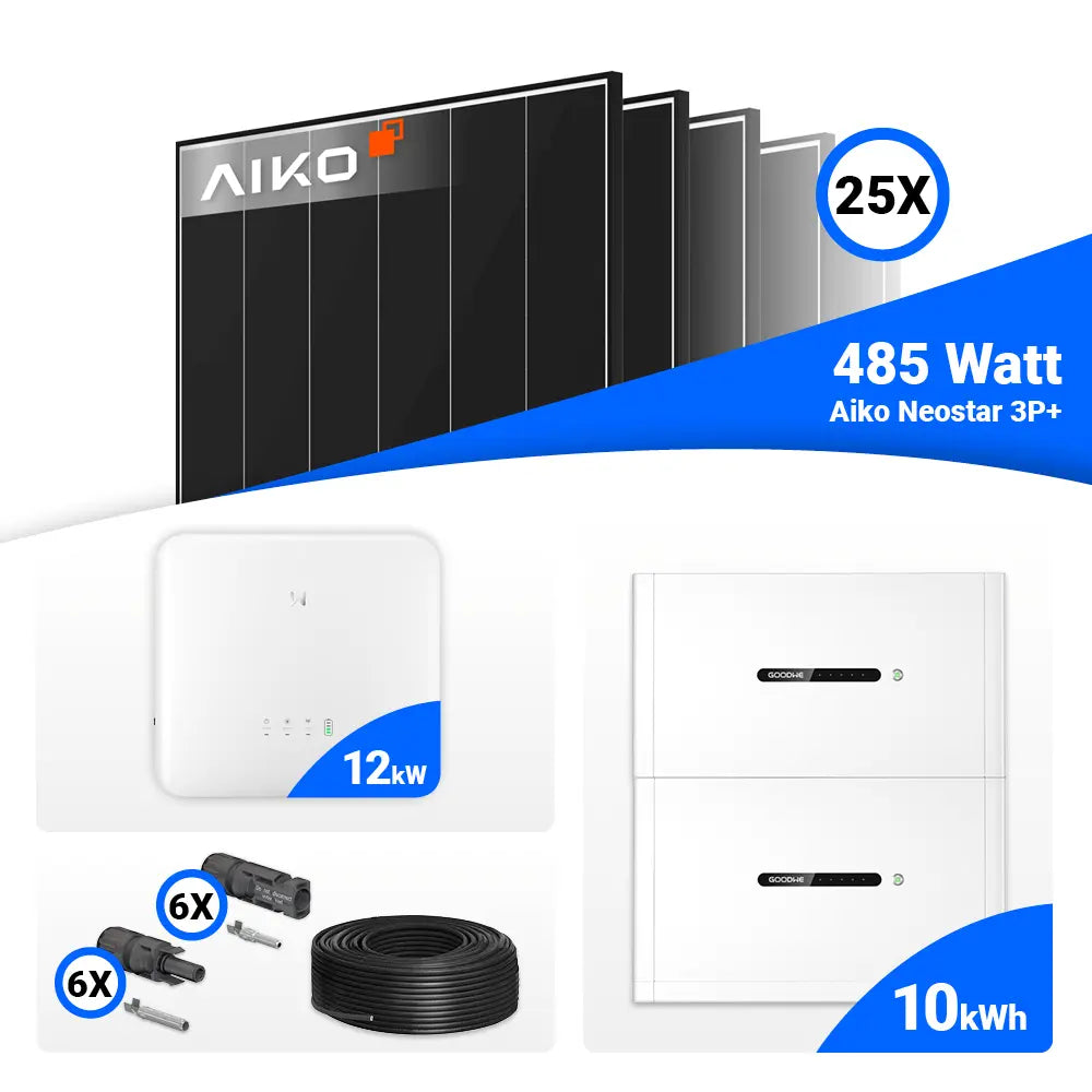 Solaranlage 12 kWp Set inklusive 25 AIKO 485W Black Frame Modulen und GoodWe GW12K-ET-20.