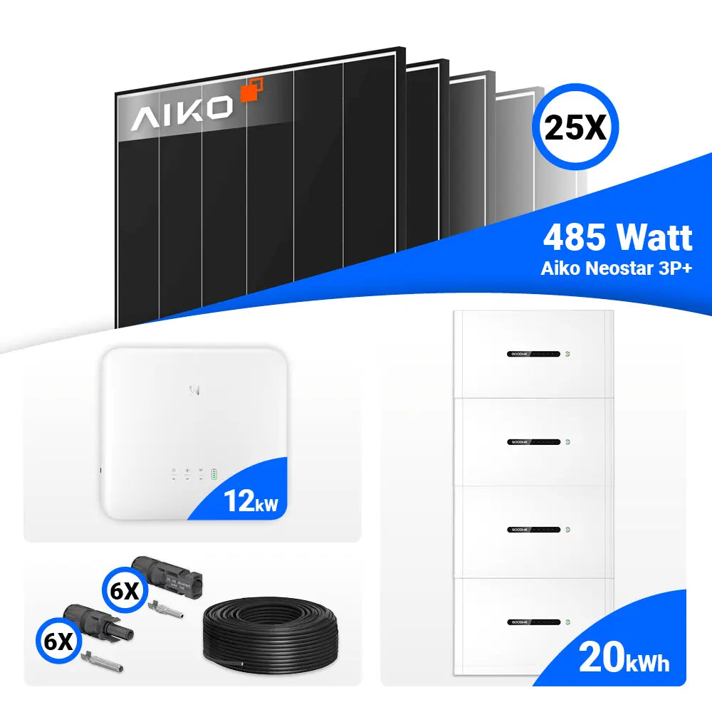 Photovoltaik Komplettsystem 12 kWp mit 25x AIKO 485W Black Frame und GoodWe GW12K-ET-20 mit Speicheranschluss.