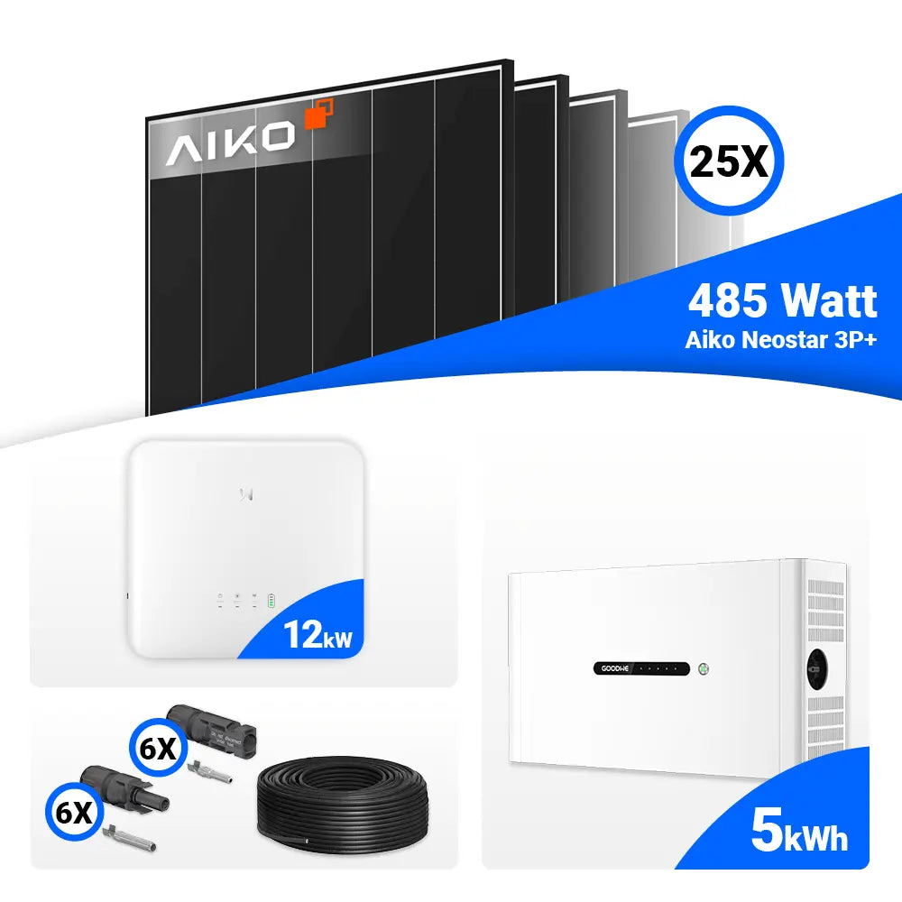12 kWp Photovoltaik-Komplettanlage mit AIKO 485W Black Frame und GoodWe GW12K-ET-20 Hybrid-Wechselrichter für Batteriespeicher.
