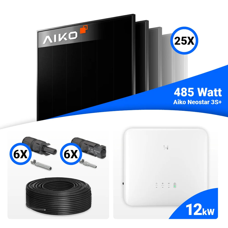 PV Komplettset 12 kWp – 25x AIKO 485W Full Black & GoodWe GW12K-ET-20 mit Speicheroption