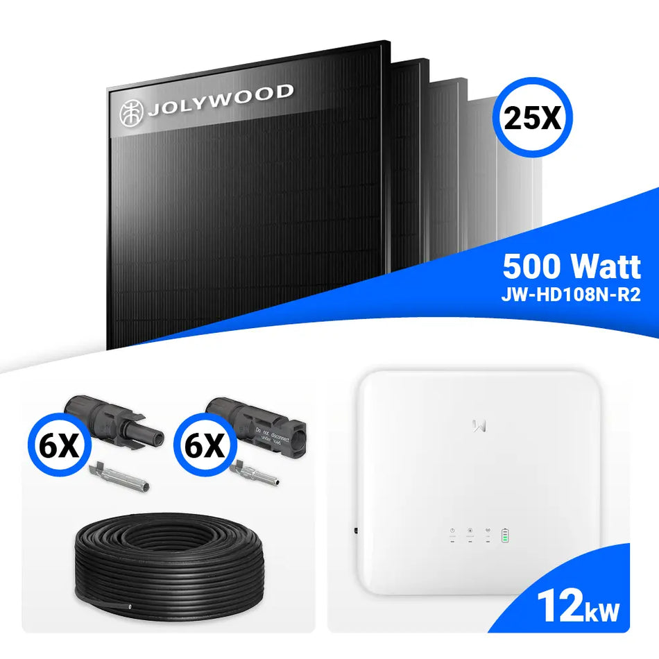 PV Komplettset 12 kWp – 24x Jolywood 500W Full Black & GoodWe GW12K-ET-20 mit Speicheroption