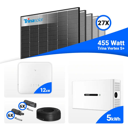 PV-Komplettset 12 kWp mit 27 × Trina Solar Vertex S+ Black Frame Modulen (455 W je Modul), GoodWe GW12K-ET-20 Hybridwechselrichter und 5 kWh GoodWe Lynx Home F Plus Batteriespeicher – erhältlich bei SH24.