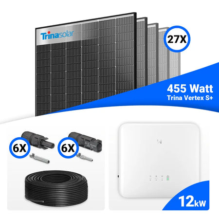 PV-Komplettset 12 kWp mit 27 × Trina Solar Vertex S+ Black Frame Modulen (455 W je Modul), GoodWe GW12K-ET-20 Hybridwechselrichter und passendem Verkabelungszubehör – erhältlich bei SH24.
