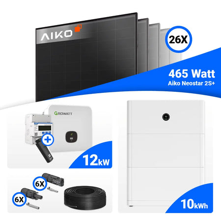 12 kWp PV-Set mit AIKO 465 Watt Full Black (26 Stück) und Growatt MOD 12KTL3-HU 12kW Hybrid-Wechselrichter, inkl. Speicheroption.