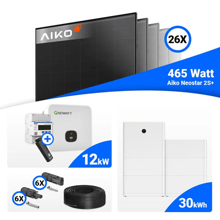 12 kWp Photovoltaik-Set mit 26 AIKO Neostar 2S+ 465W Full Black und Growatt MOD 12KTL3-HU 12kW Wechselrichter, Speicheroption.