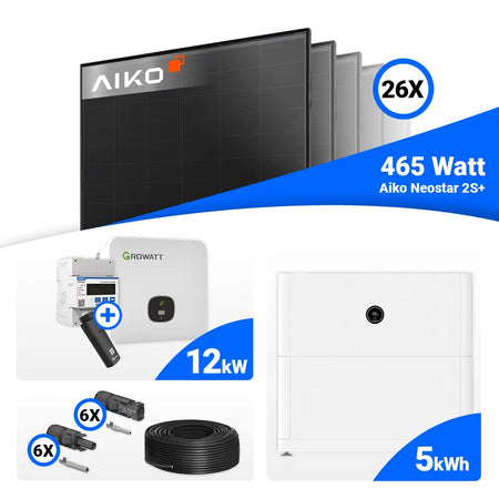 Solaranlagen-Set 12 kWp: 26 AIKO 465W Full Black Module plus Growatt MOD 12KTL3-HU, vorbereitet für Batteriespeicher.