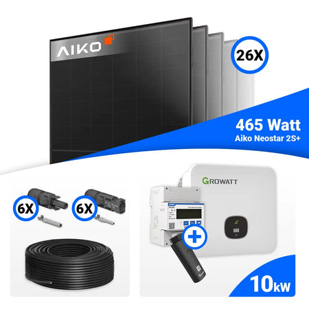 PV Komplettset 12 kWp mit 26x AIKO Neostar 2S+ 465W Full Black Solarmodulen und Growatt MOD 12KTL3-HU 12 kW Wechselrichter, Speicheroption möglich.