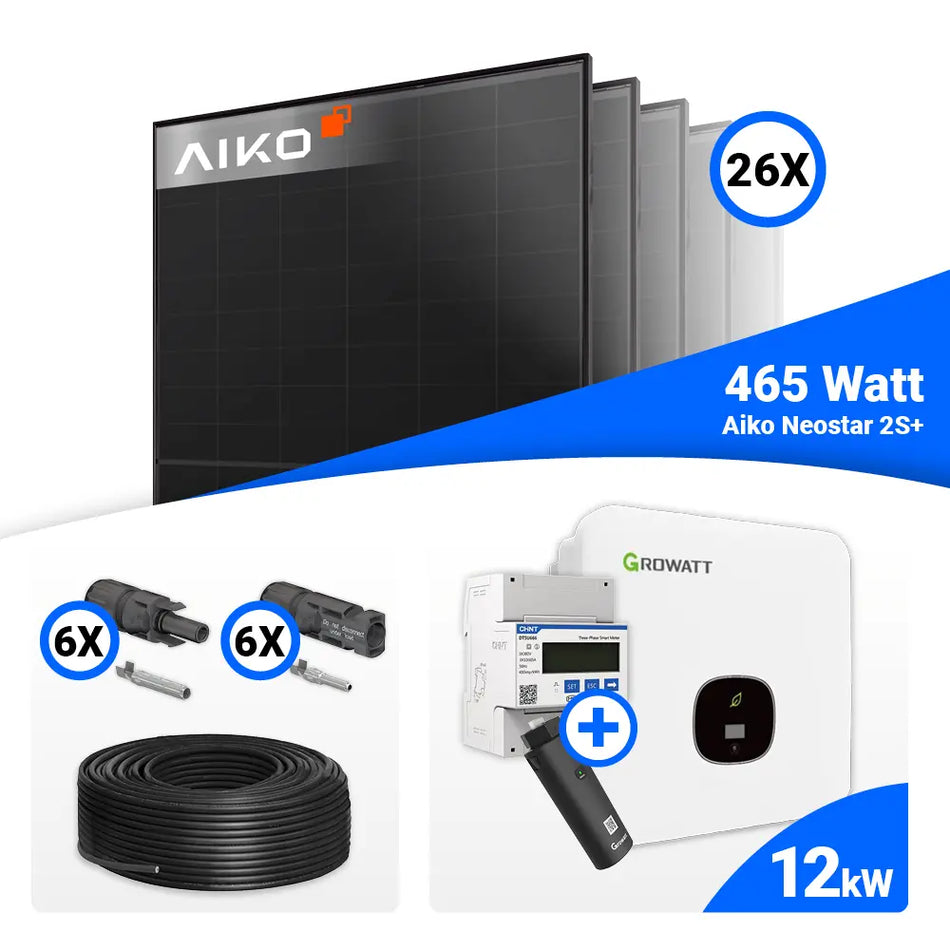 PV Komplettset 12 kWp mit AIKO 465W Full Black und Growatt MOD 12KTL3-HU