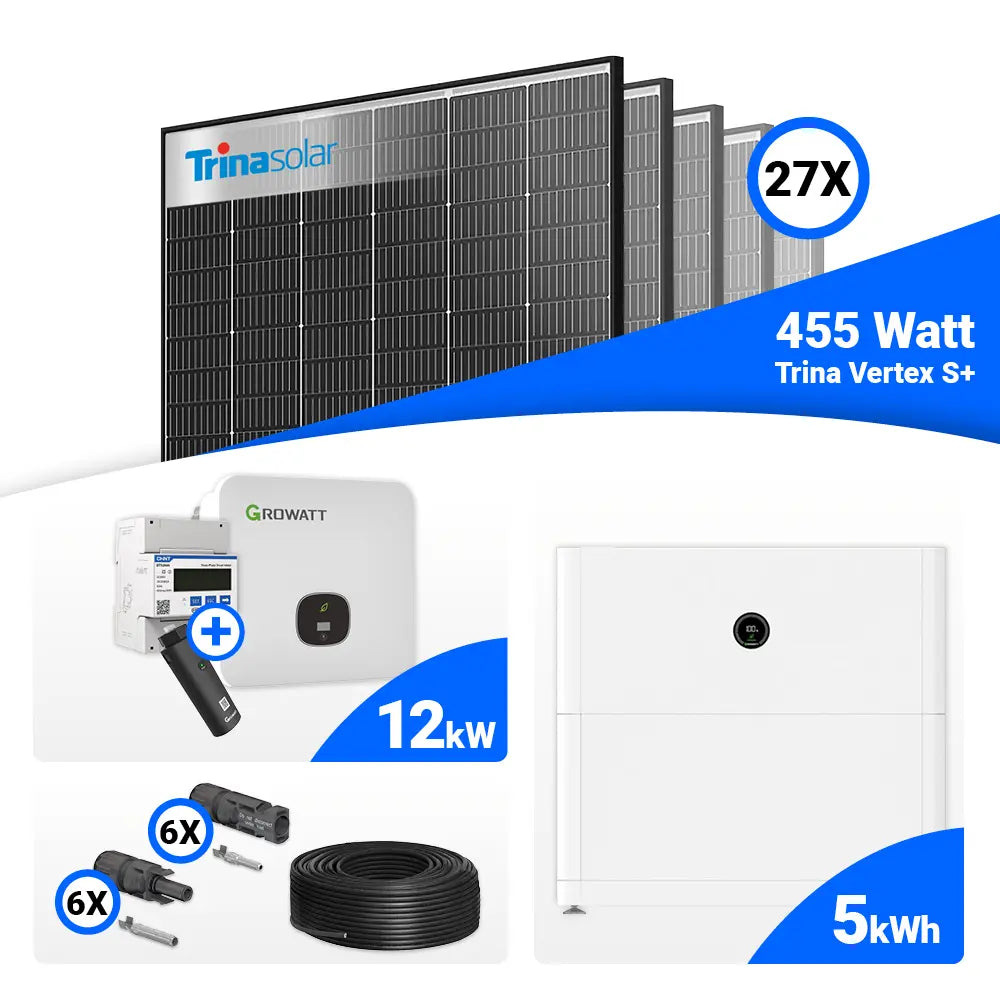 Solaranlagen-Set 12 kWp: 27 Trina 455W Black Frame Module plus Growatt MOD 12KTL3-HU, vorbereitet für Batteriespeicher.