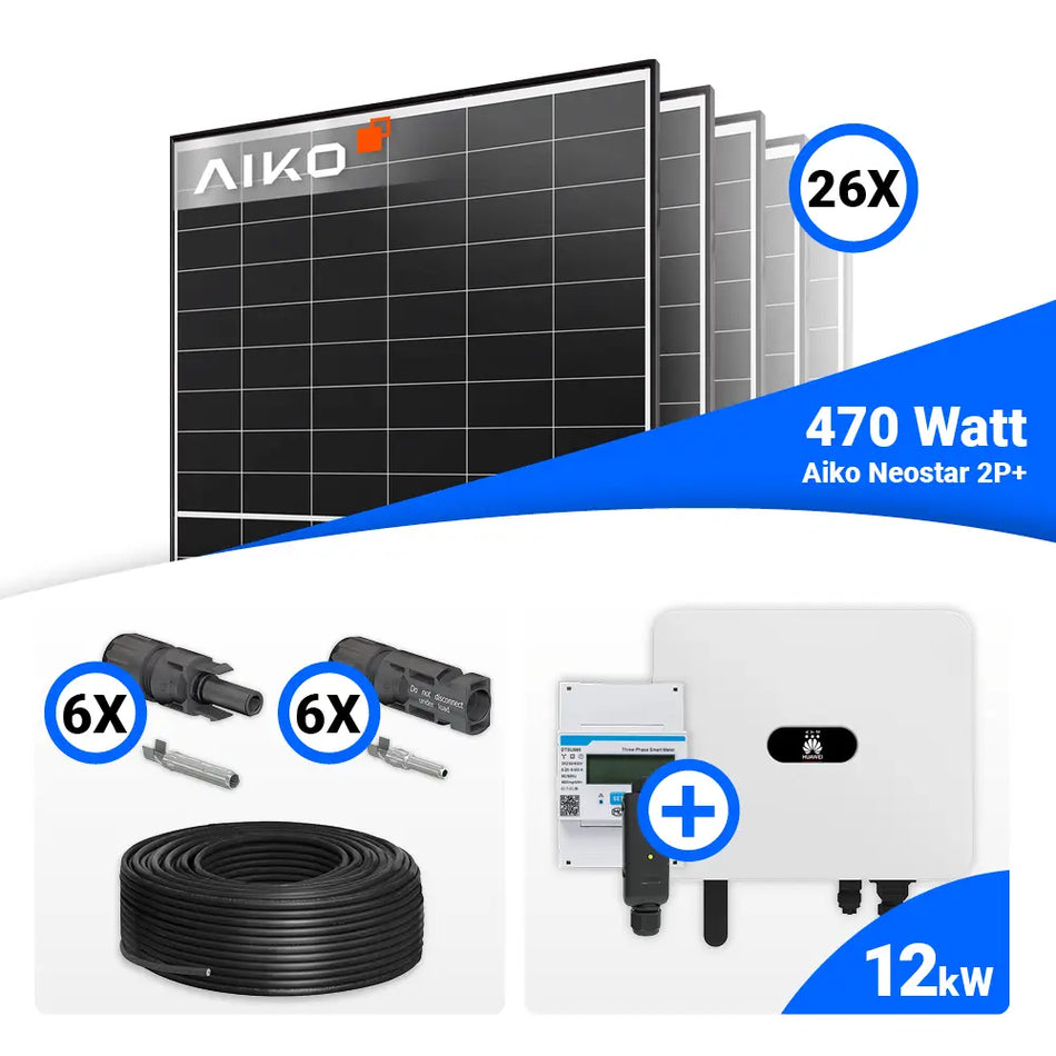 PV Komplettset 12 kWp – 26x AIKO 470W Black Frame & Huawei SUN2000-12K-MB0 mit Speicheroption